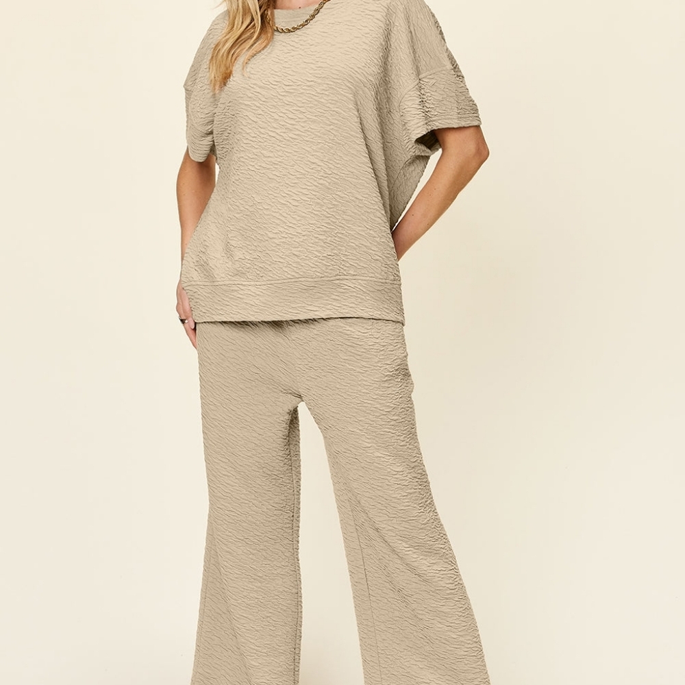 Double Take Full Size Texture Short Sleeve T-Shirt and Wide Leg Cropped Pants
